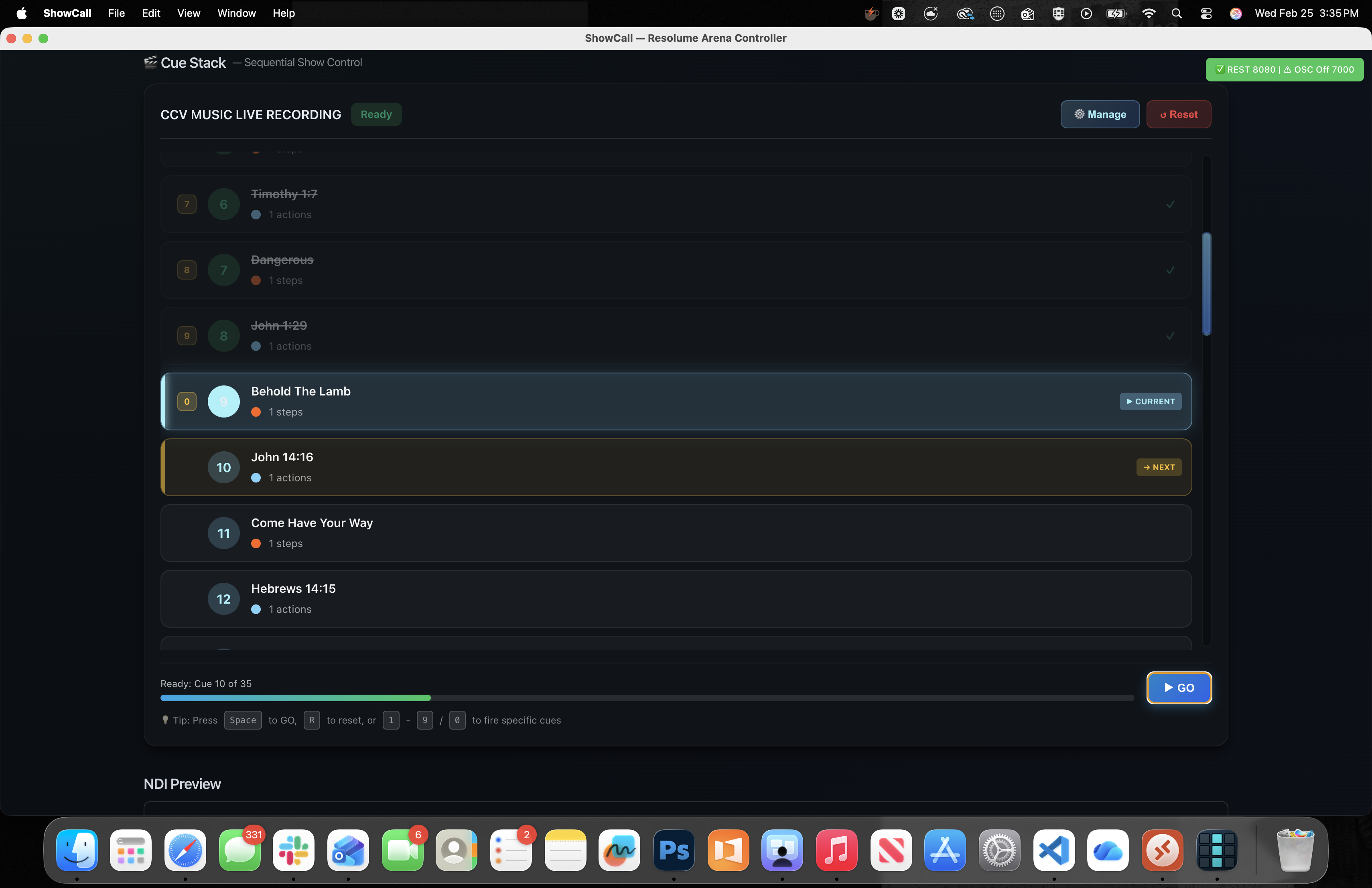 ShowCall Cue Stack — CCV Music Live Recording